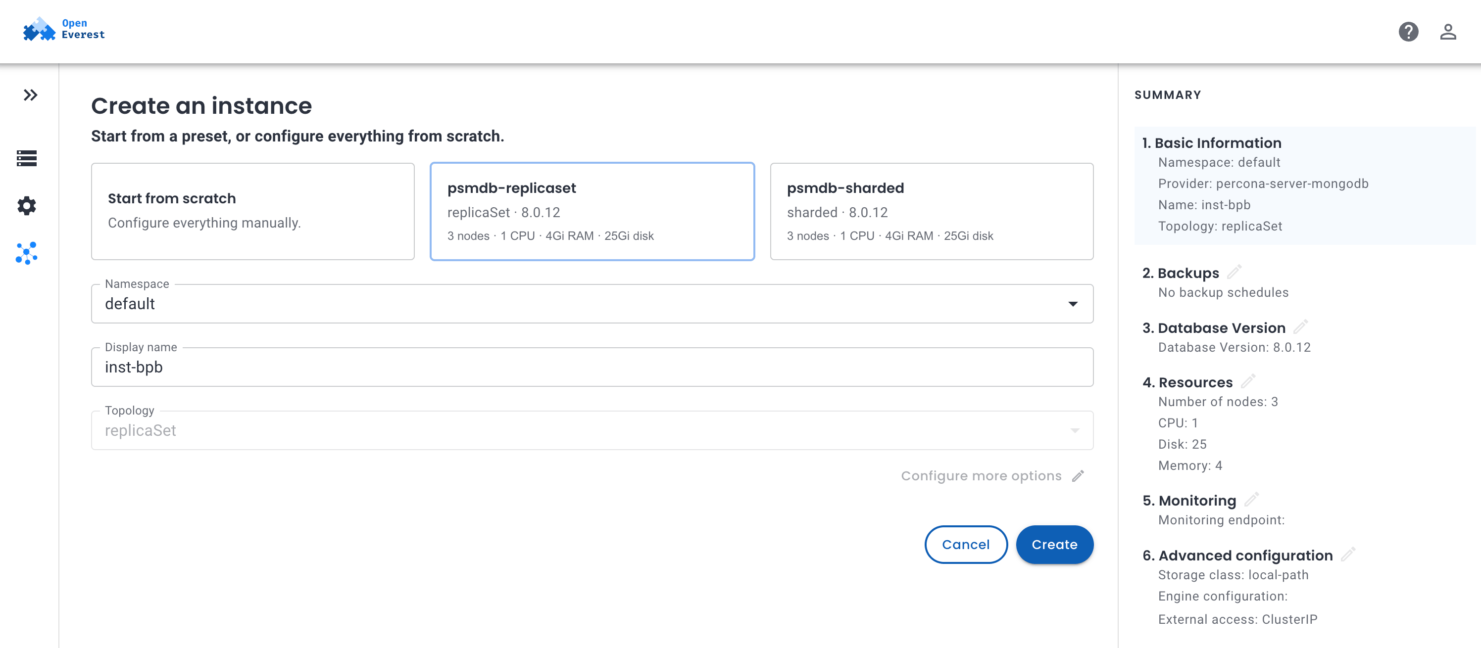Solanica - Blog - OpenEverest Create an instance from a preset