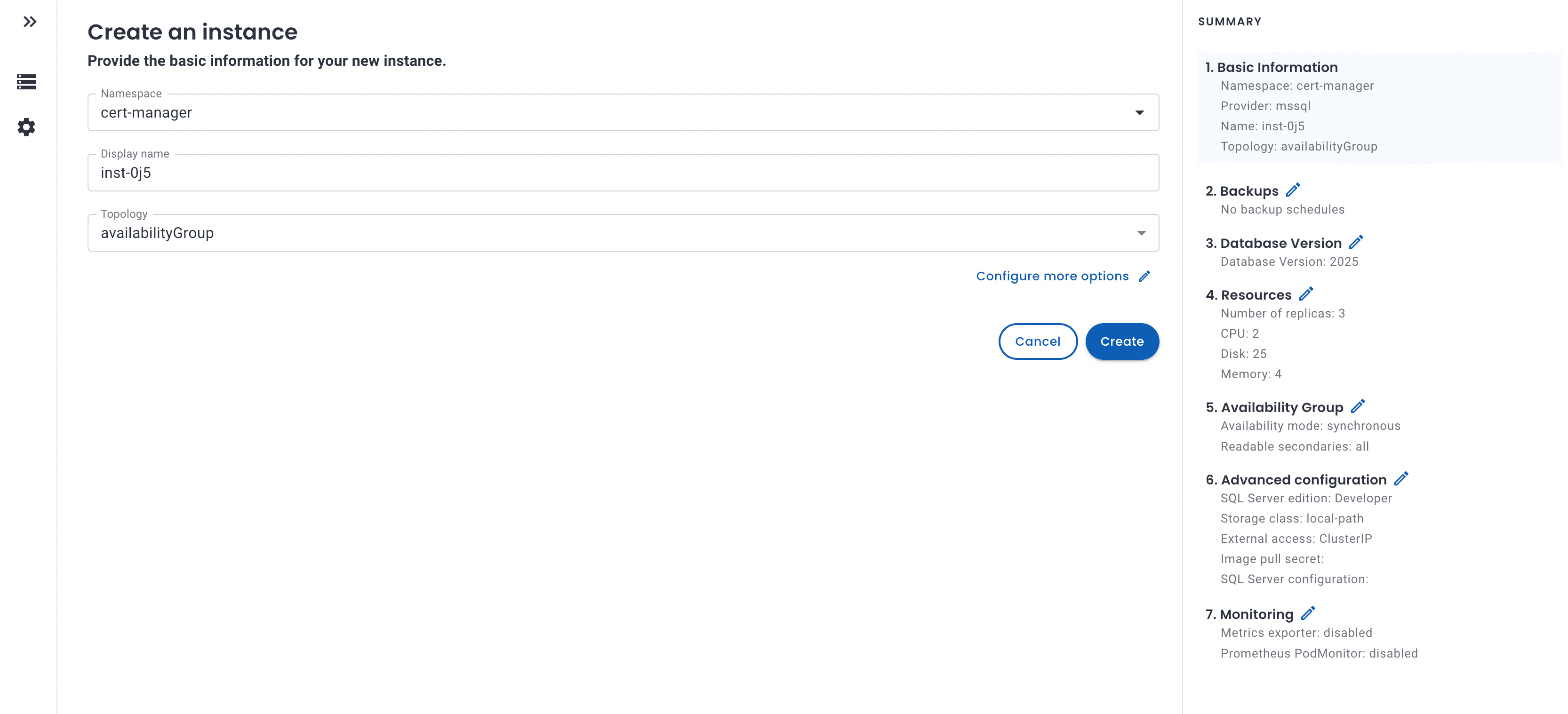 Create a Microsoft SQL Server instance — choose topology and settings