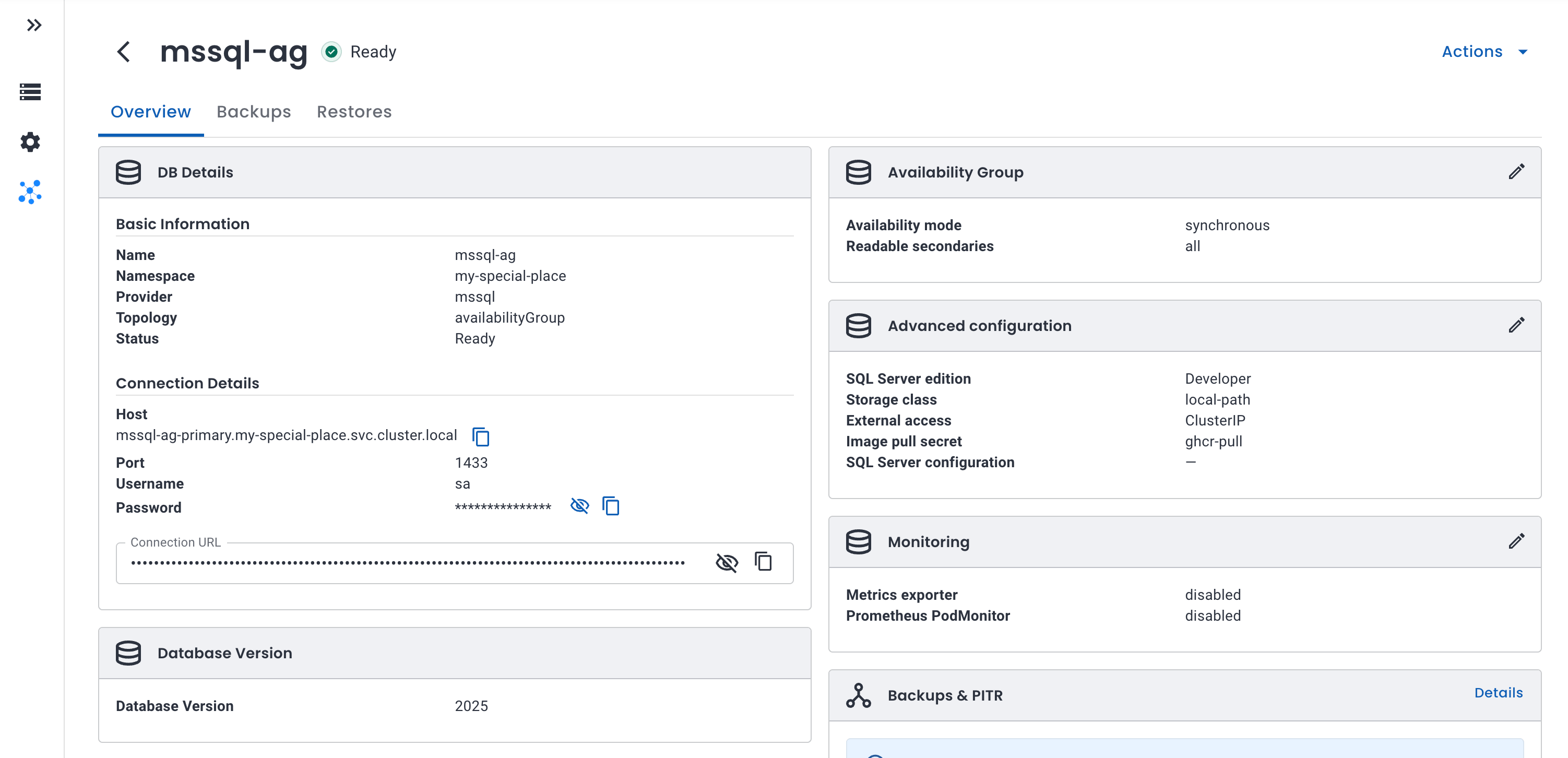 MSSQL cluster overview with connection details