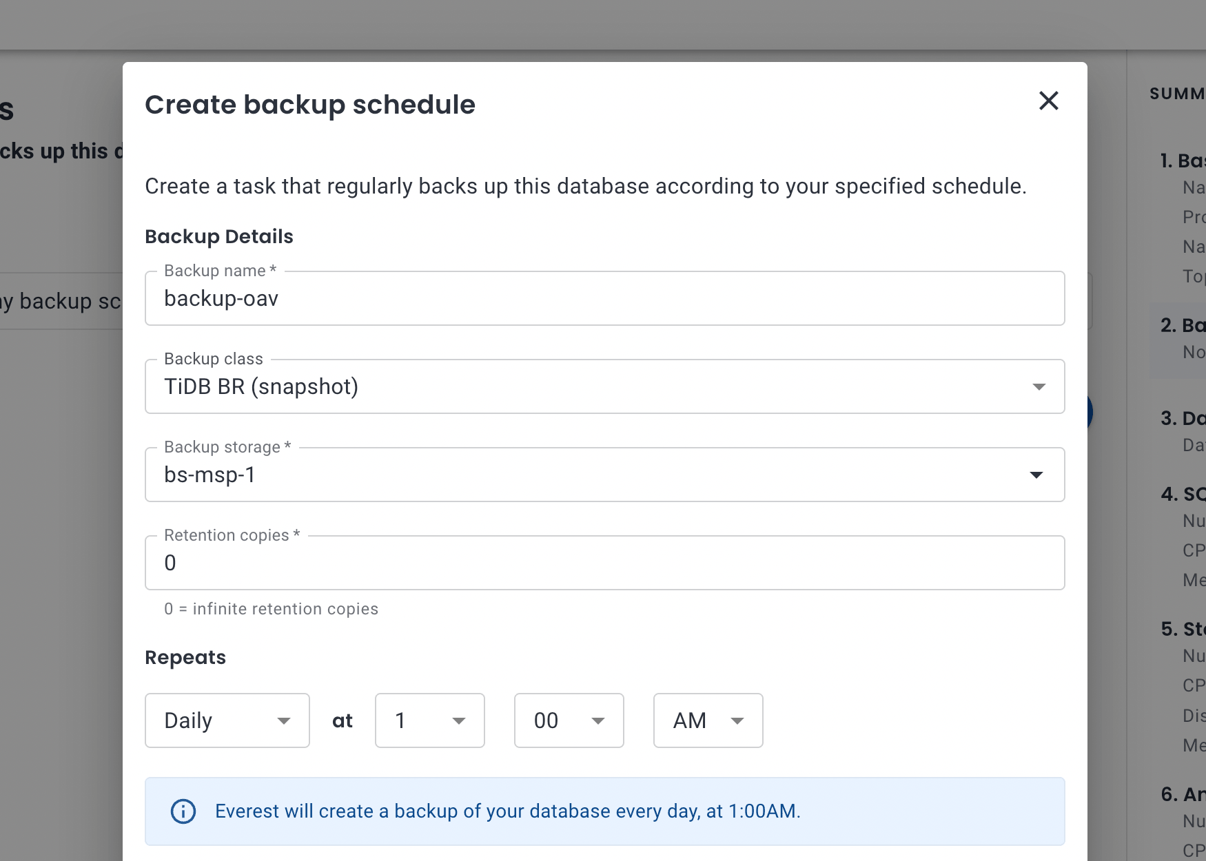 Create backup schedule dialog with the TiDB BR snapshot backup class, backup storage, retention copies and a daily schedule