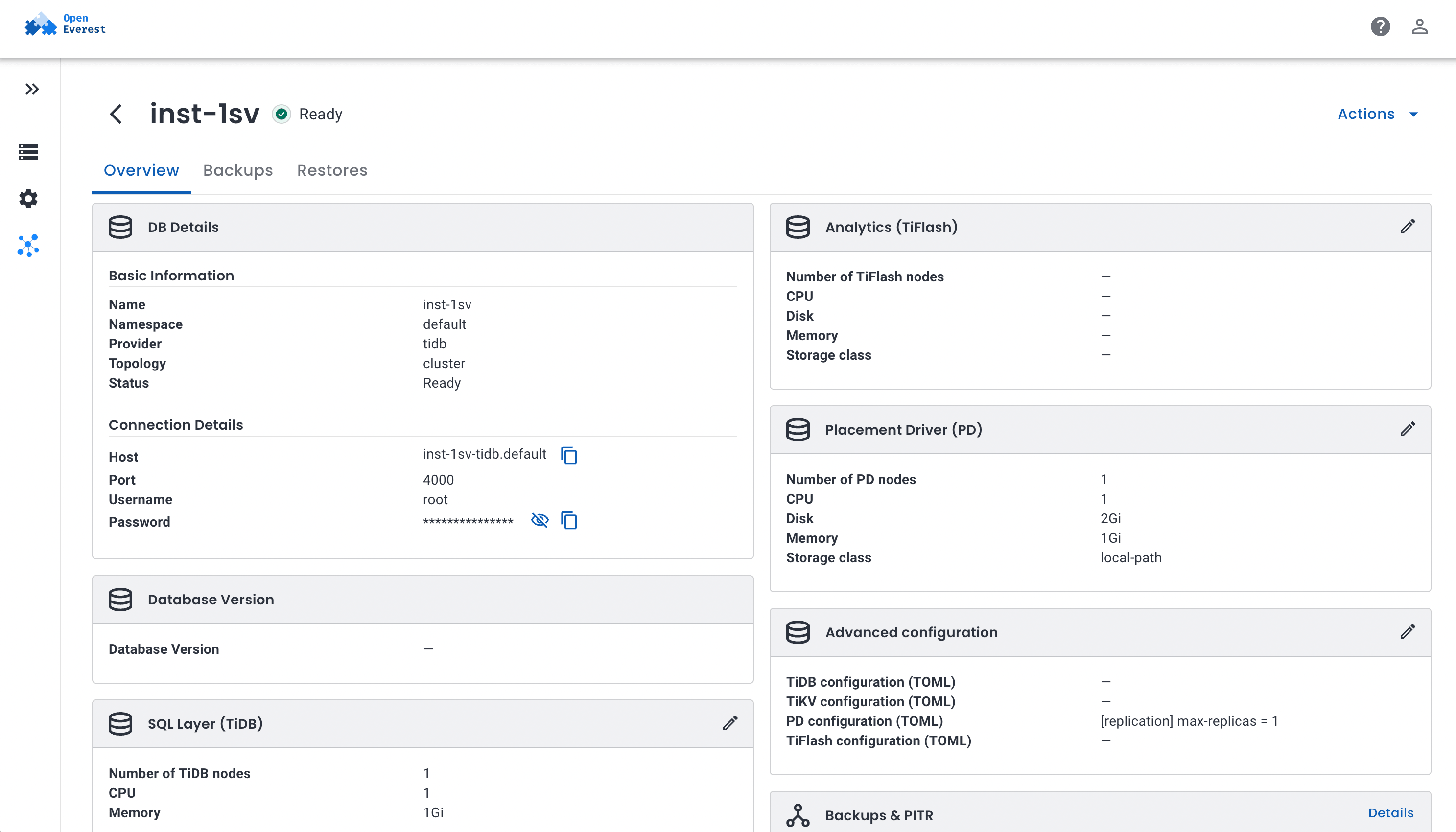 TiDB instance overview: status, connection details, database version and a card for each component