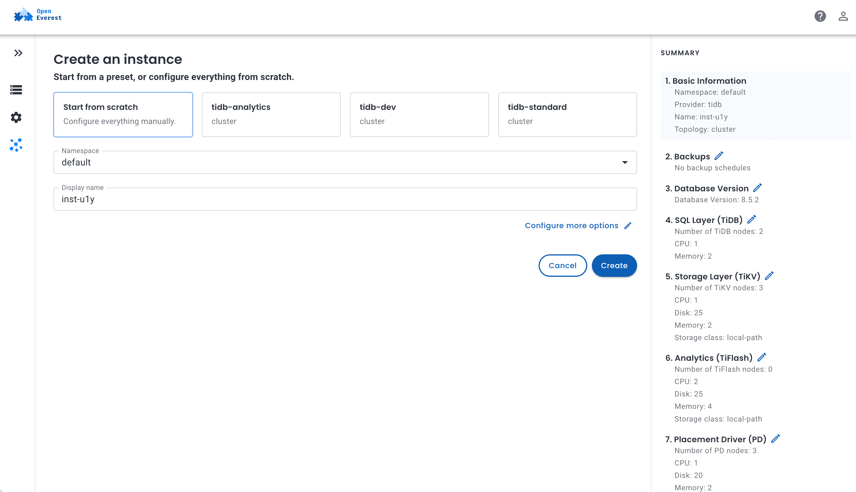 Creating a TiDB instance in Solanica Platform, with a summary of every component's settings
