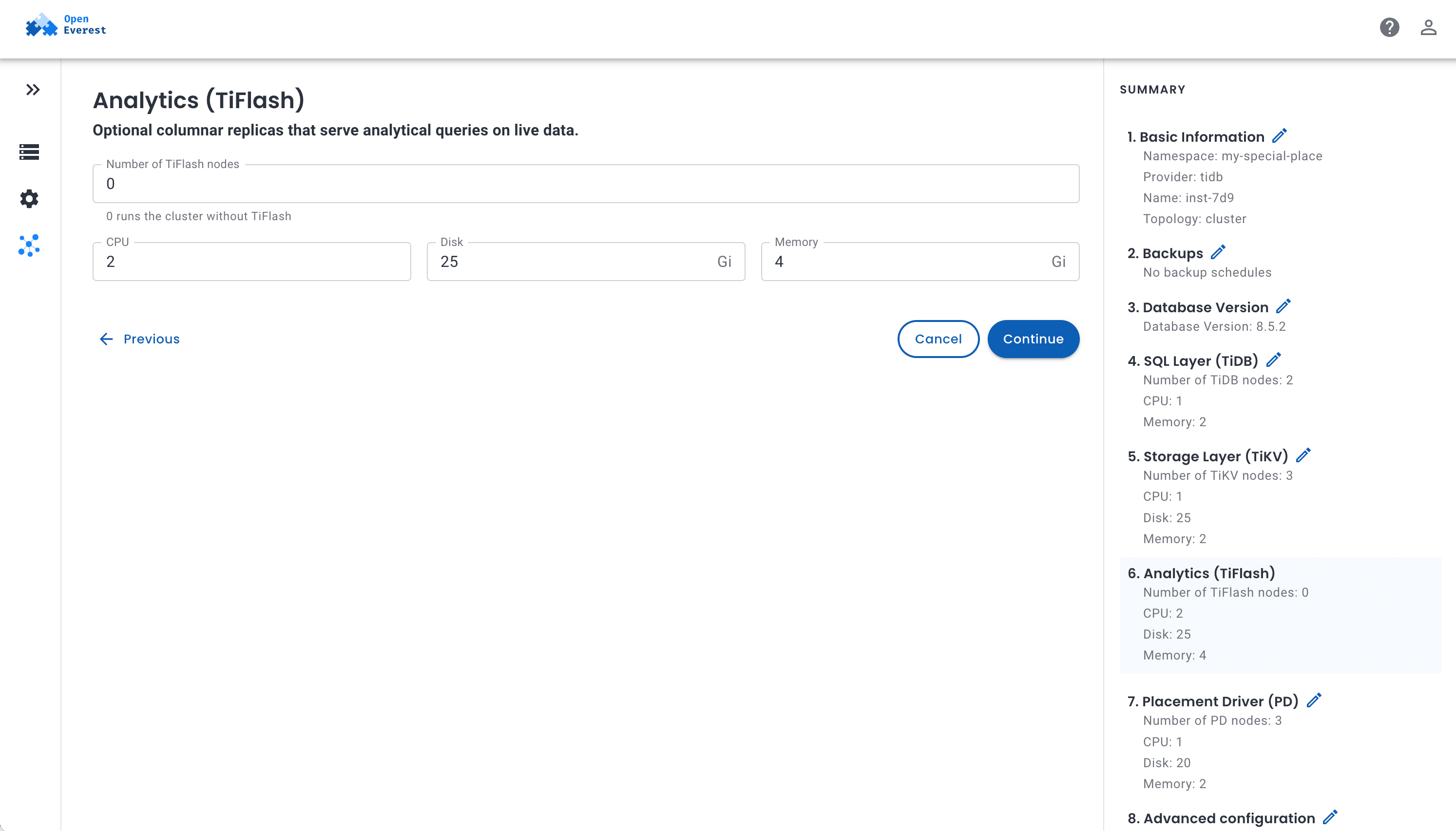 The Analytics (TiFlash) step: number of TiFlash nodes, CPU, disk and memory