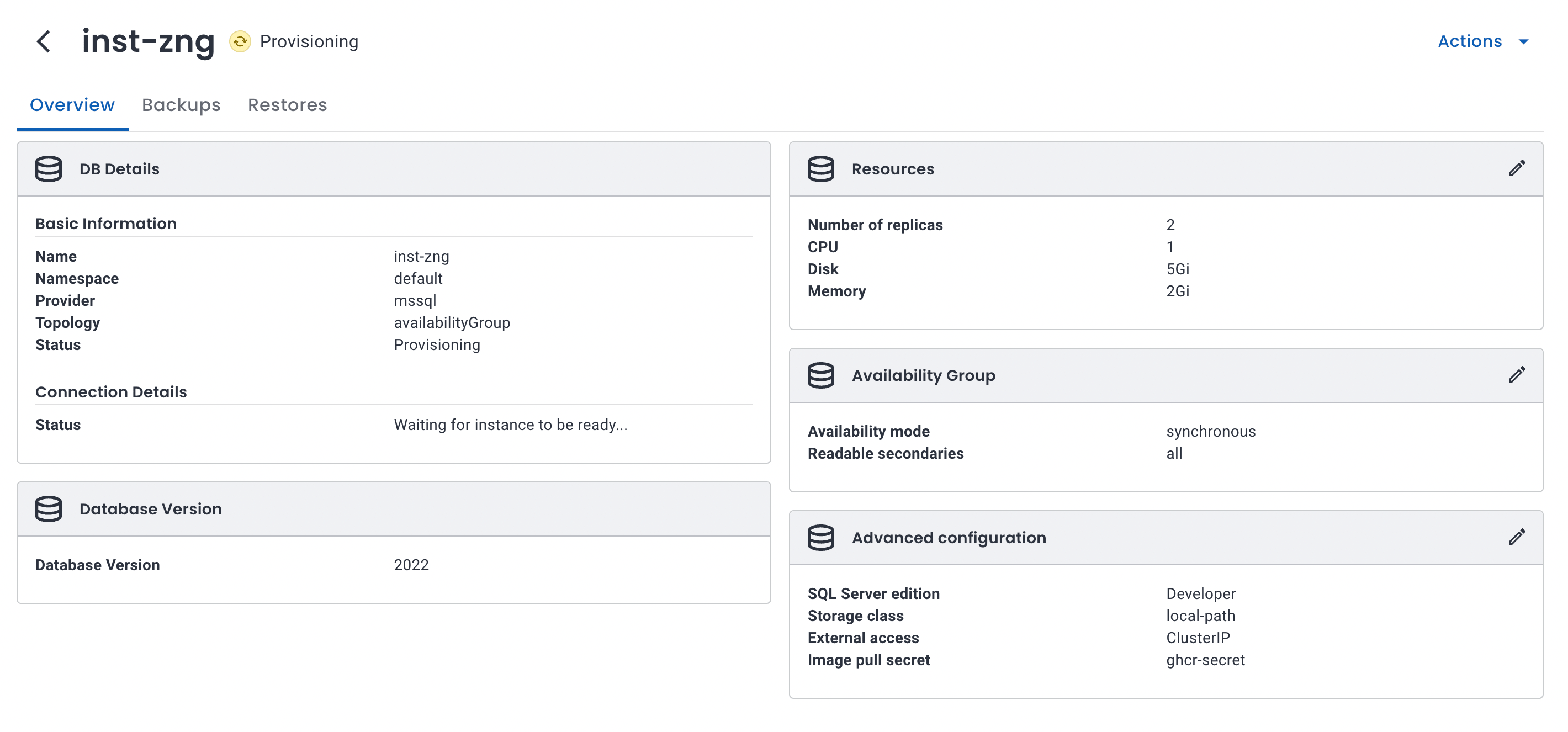 OpenEverest overview of a SQL Server availability group showing replicas, resources, availability mode, readable secondaries, and edition