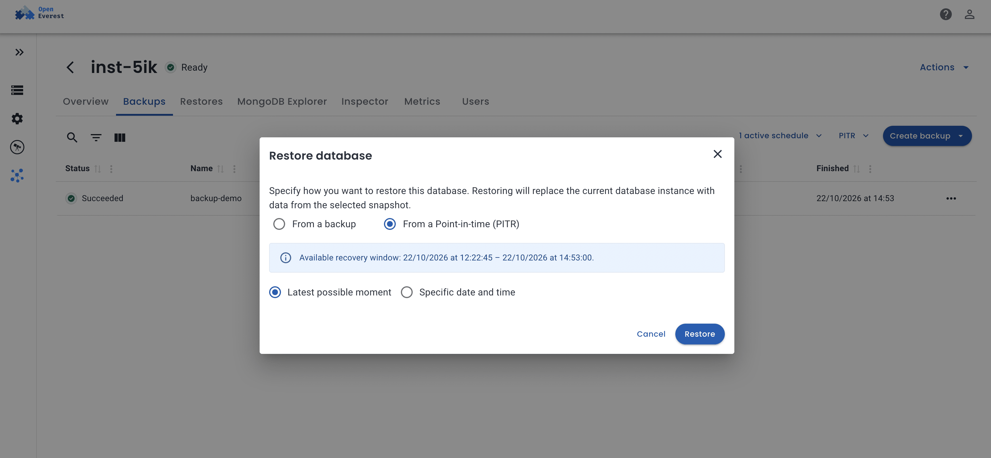OpenEverest restore dialog with a point-in-time recovery window