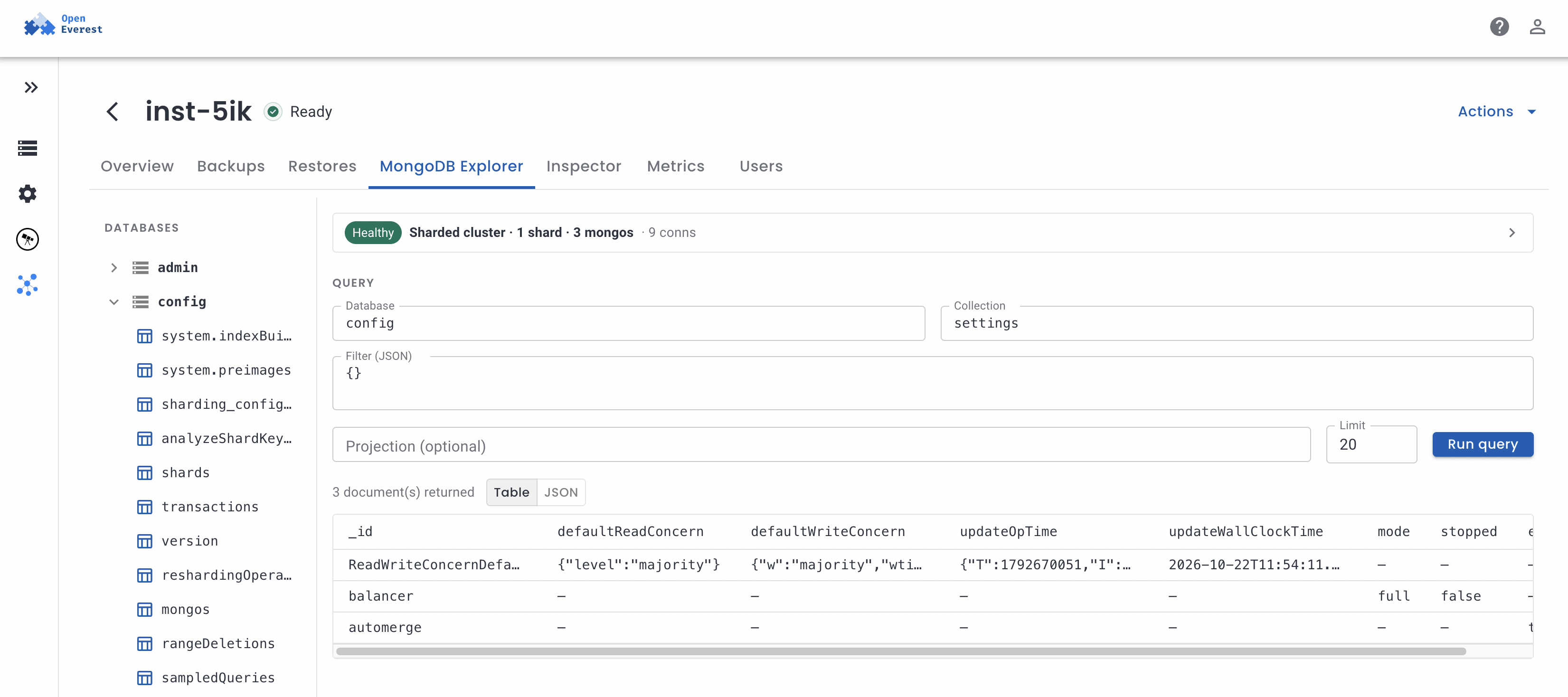 OpenEverest MongoDB Explorer showing databases, collections, and a query result