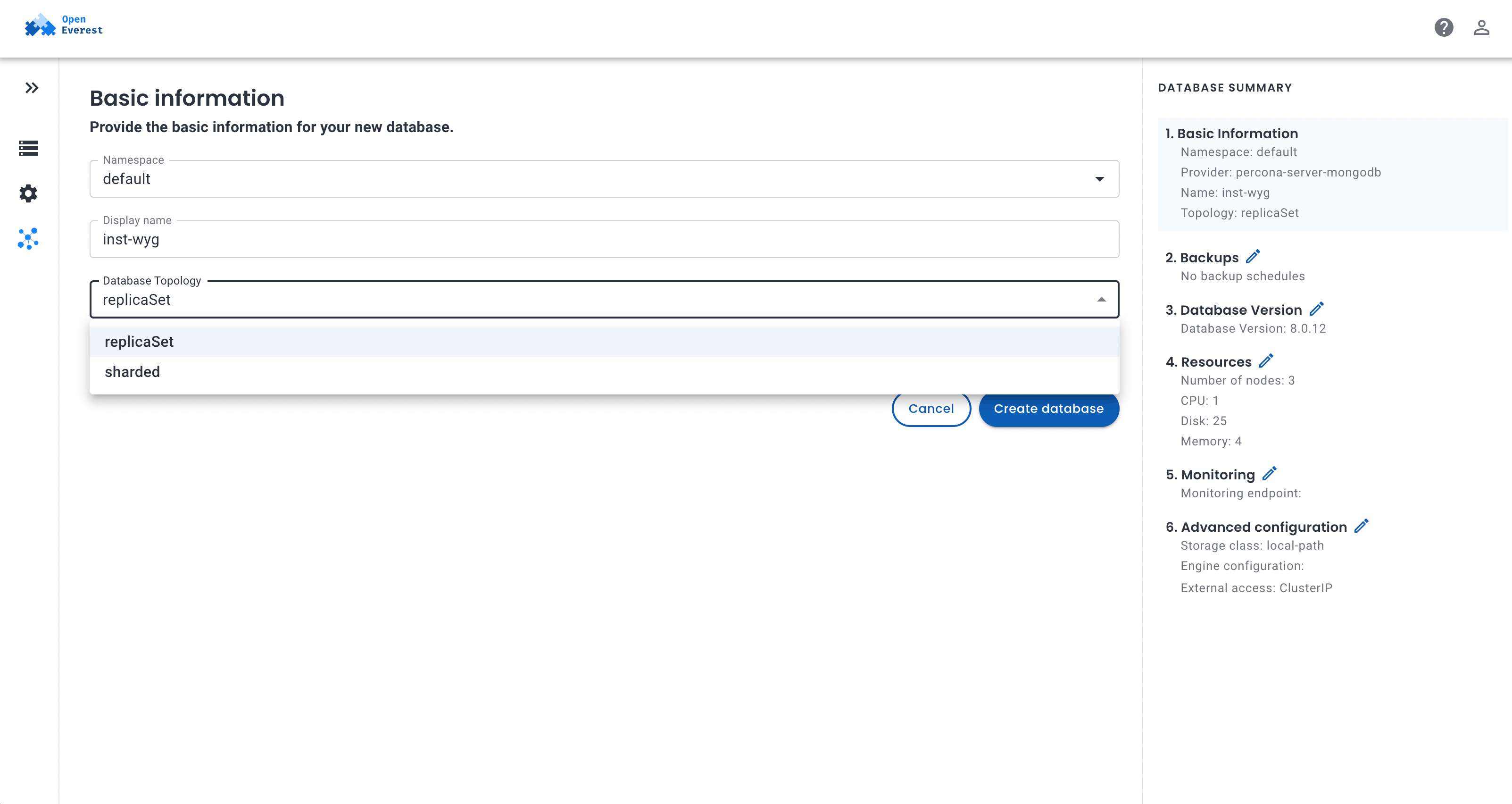 OpenEverest create database form with replica set and sharded topology options